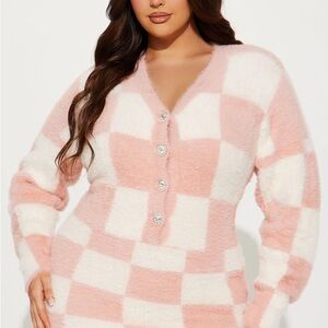 Pink and White Checkered Women's Sweater